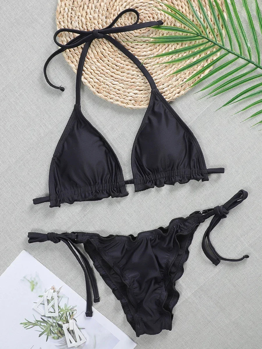 Bikini brasileño acanalado con volantes para mujer, traje de baño femenino, conjunto de Bikini de dos piezas, traje de baño con cordón Halter