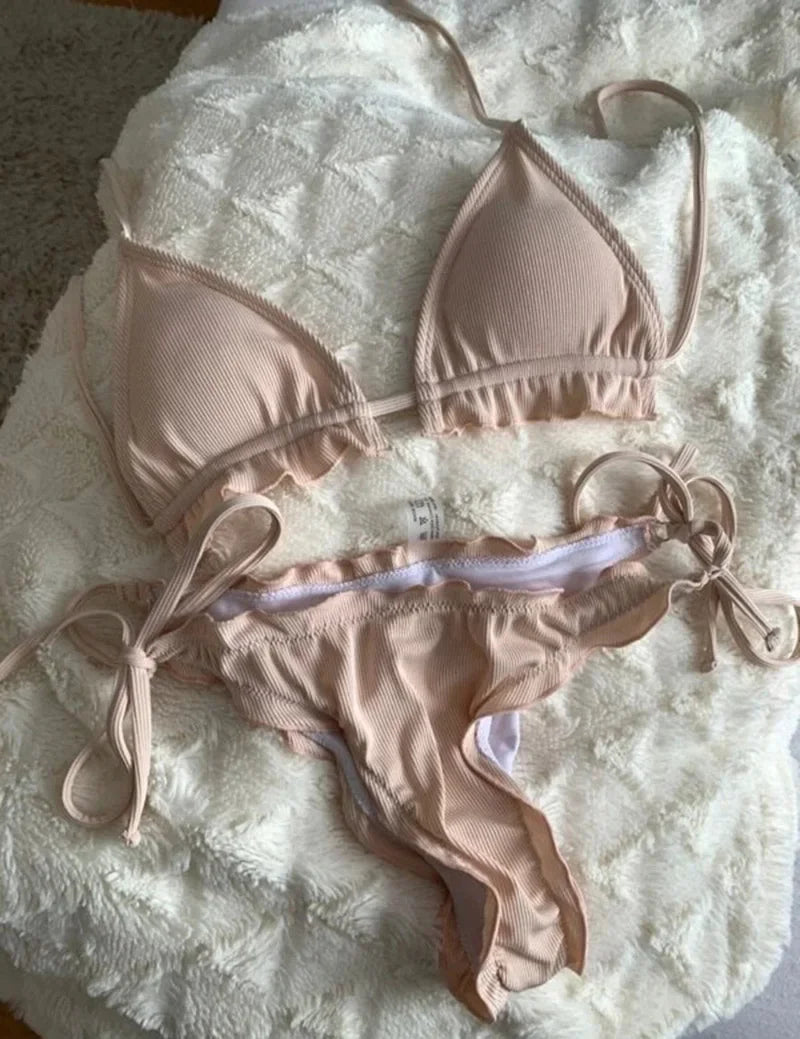 Bikini brasileño acanalado con volantes para mujer, traje de baño femenino, conjunto de Bikini de dos piezas, traje de baño con cordón Halter