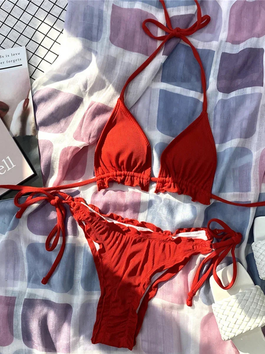 Bikini brasileño acanalado con volantes para mujer, traje de baño femenino, conjunto de Bikini de dos piezas, traje de baño con cordón Halter