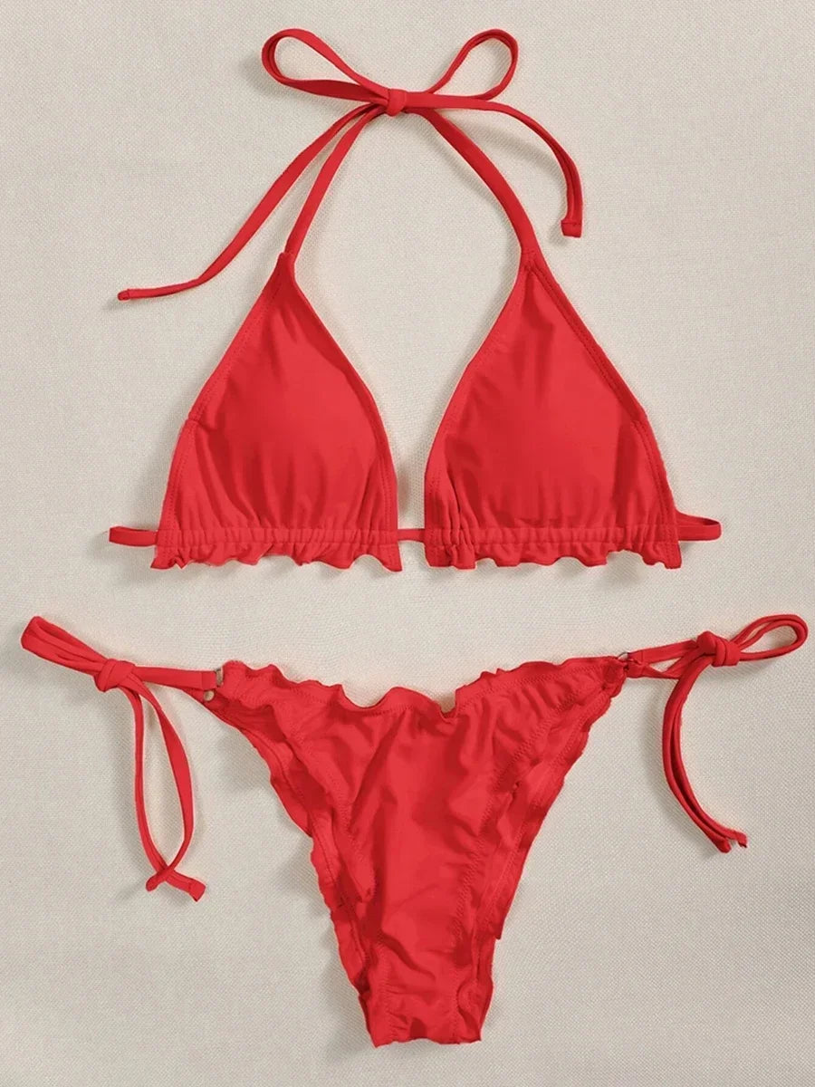 Bikini brasileño acanalado con volantes para mujer, traje de baño femenino, conjunto de Bikini de dos piezas, traje de baño con cordón Halter