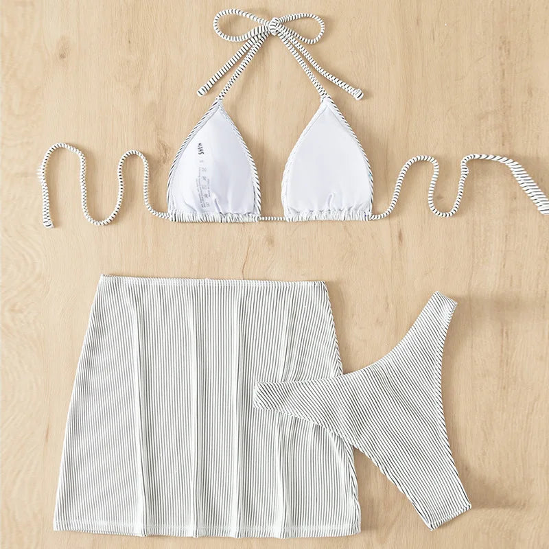 Bikinis acanalados de 3 piezas, traje de baño triangular con cuello Halter
