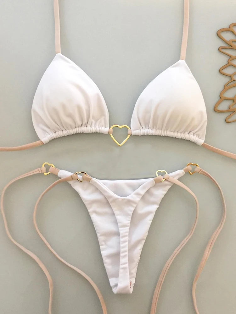 Conjunto de bikini sexy de cintura baja para mujer, traje de baño de verano de color sólido con lazo en la parte delantera y top acolchado para vacaciones en la playa