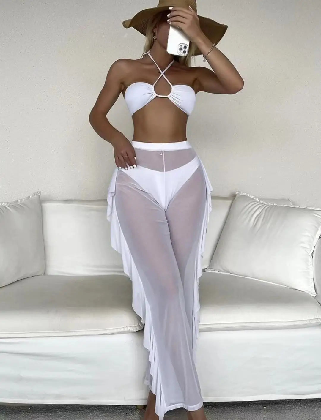 Conjunto de Bikini y cubierta para mujer, traje de baño liso entrecruzado con cuello Halter y pantalones con volantes