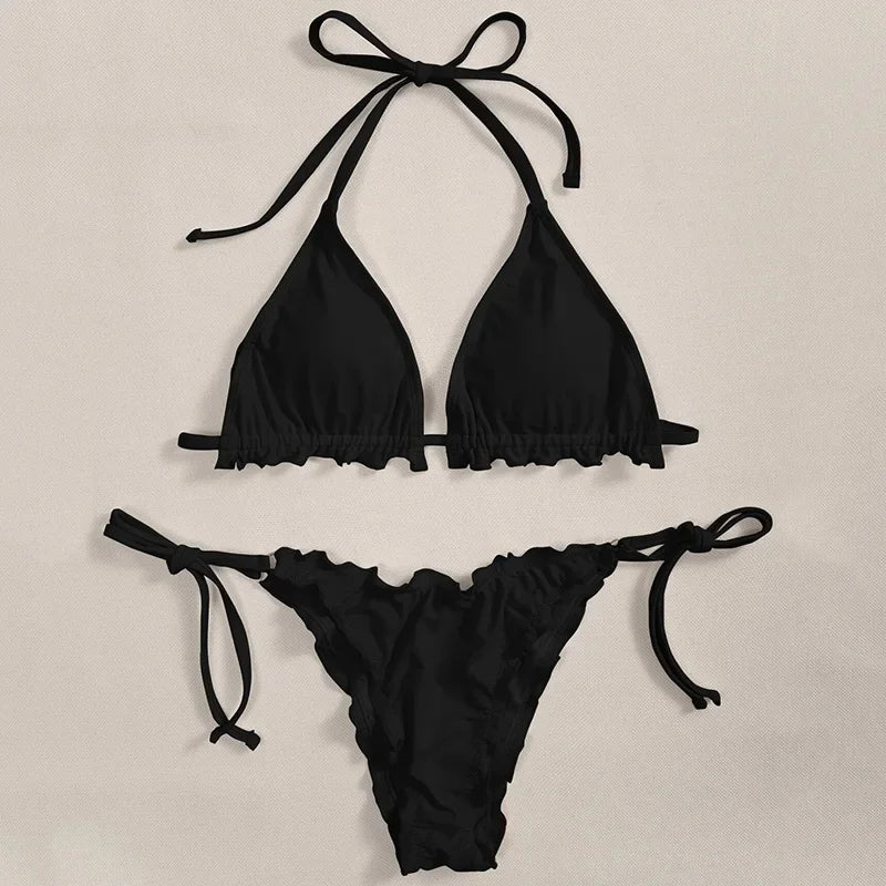 Bikini brasileño acanalado con volantes para mujer, traje de baño femenino, conjunto de Bikini de dos piezas, traje de baño con cordón Halter